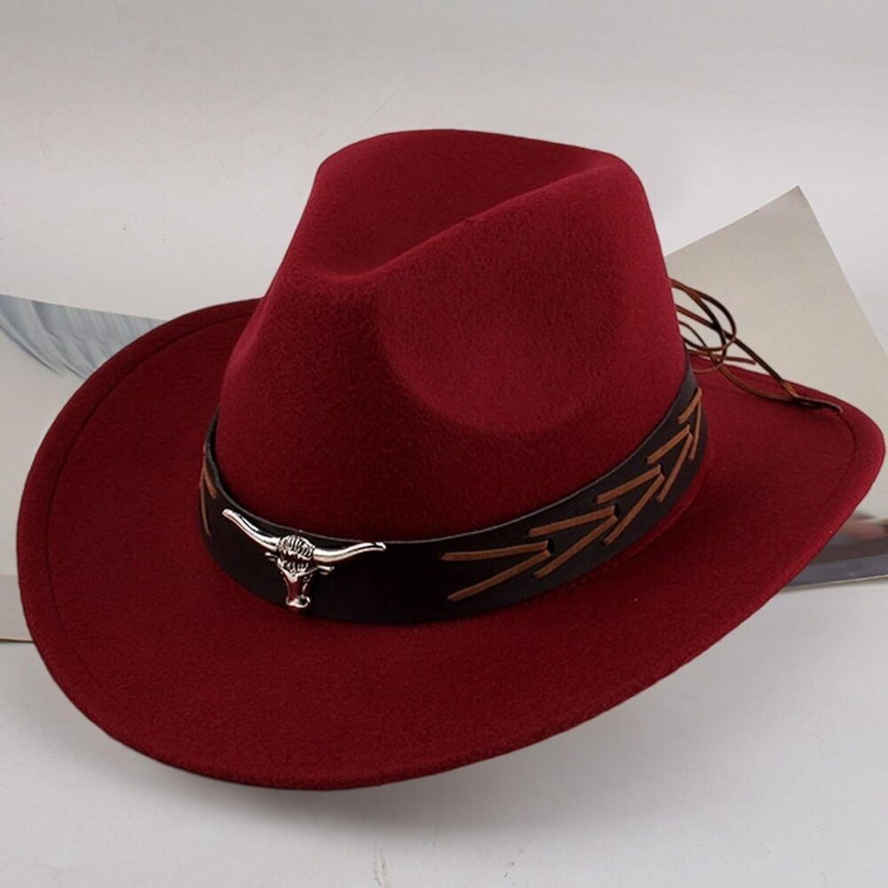 Unisex Burgundy 100% Polyester Bull Skull Buckle Band Fedora Cowboy Felt Hat - Picture 2 of 4
